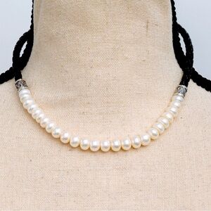 Freshwater pearl & braided black leather choker necklace retro antique vibe